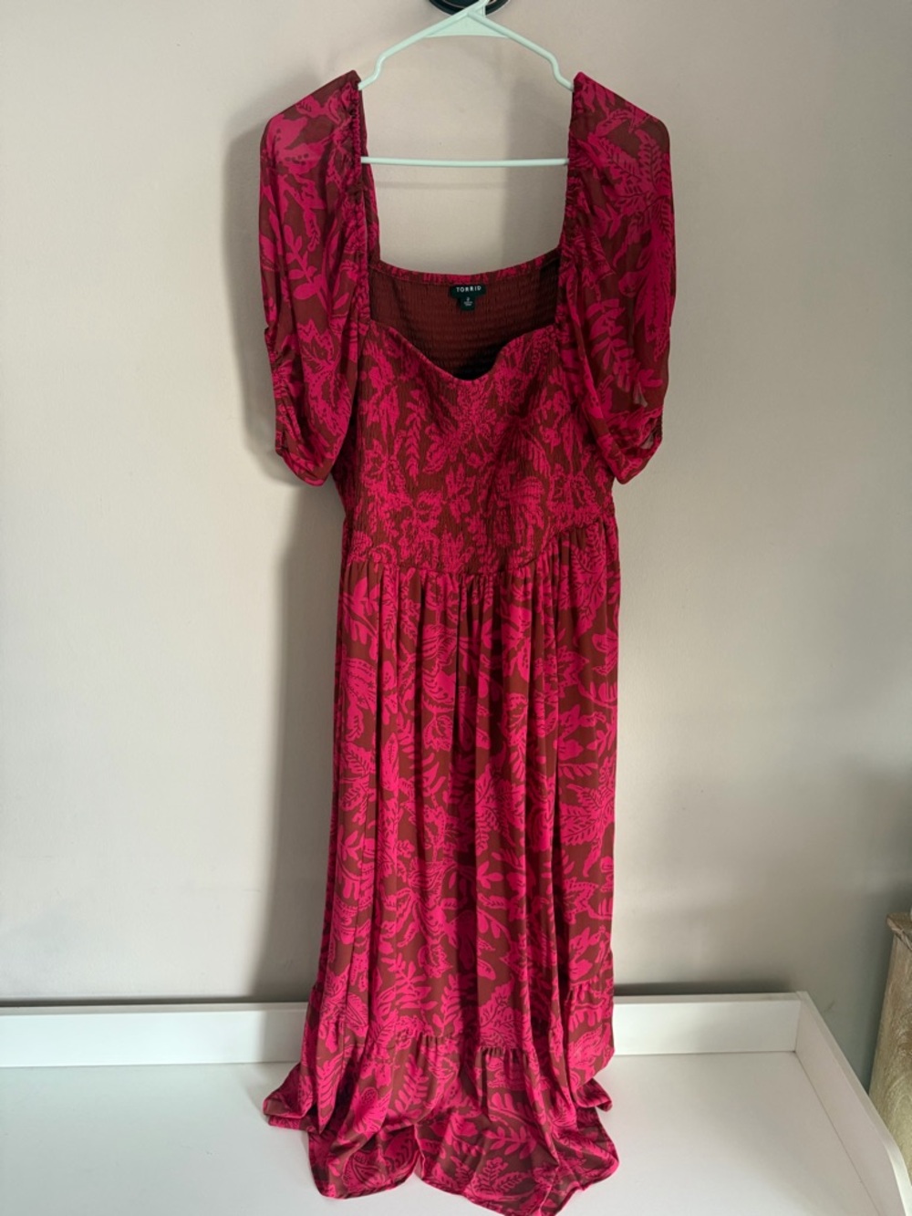 Torrid Pink Brown Tropical Leaf Smocked Maxi Dress Puff Sleeve Plus Size 2 2X